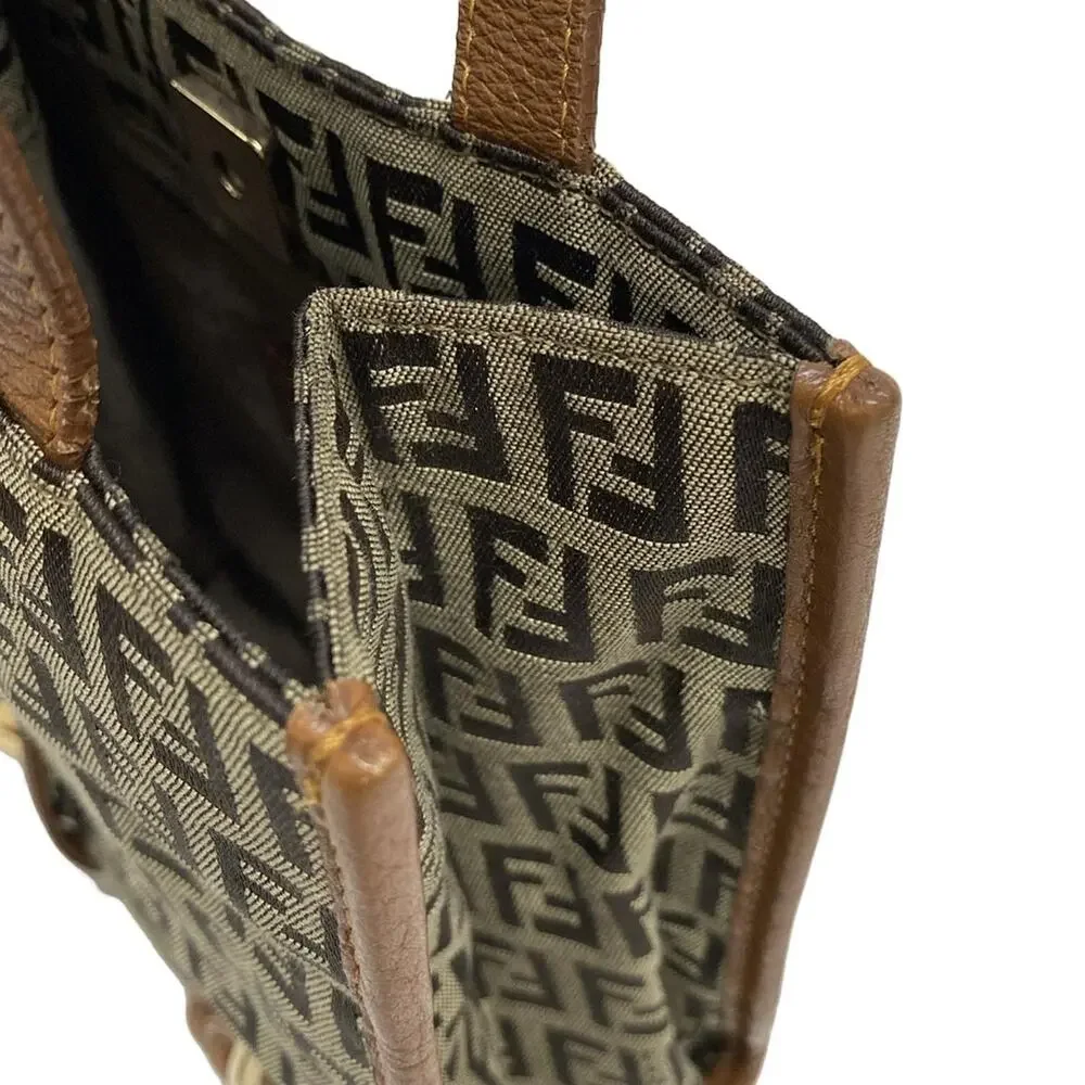 Fendi Zucchino Tote Bag 8BH170 Dark Brown Beige Brown Jacquard Leather Women's